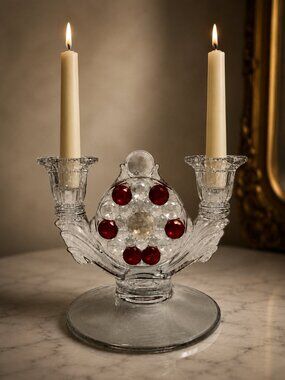 1940s Westmoreland Thousand Eye Ruby Flashed Double Light Candlestick Candelabra